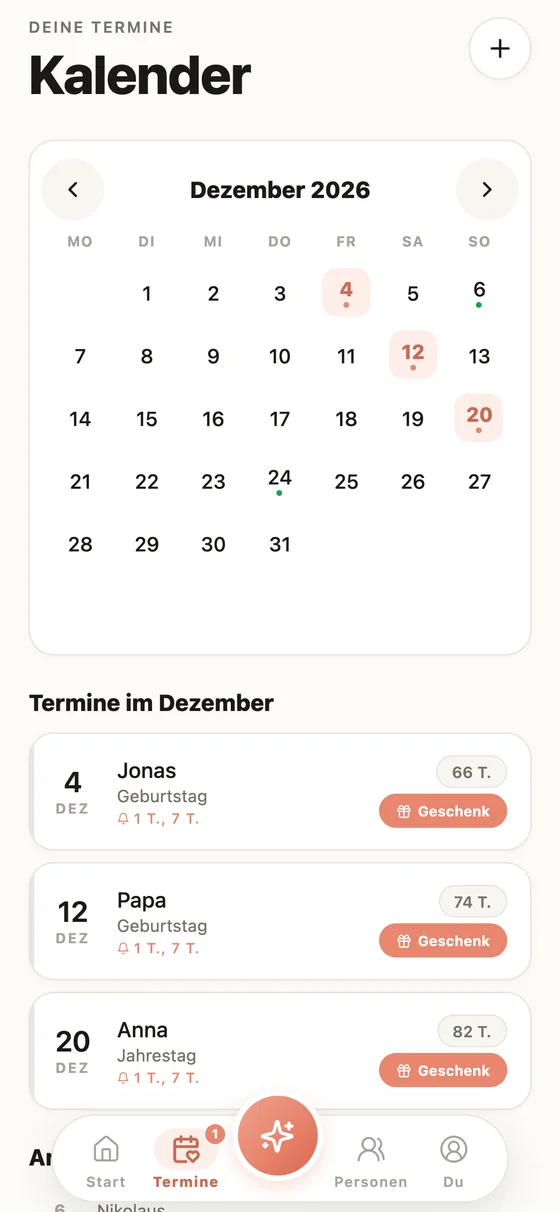 Kalender mit Geburtstagen, Jahrestagen und Feiertagen