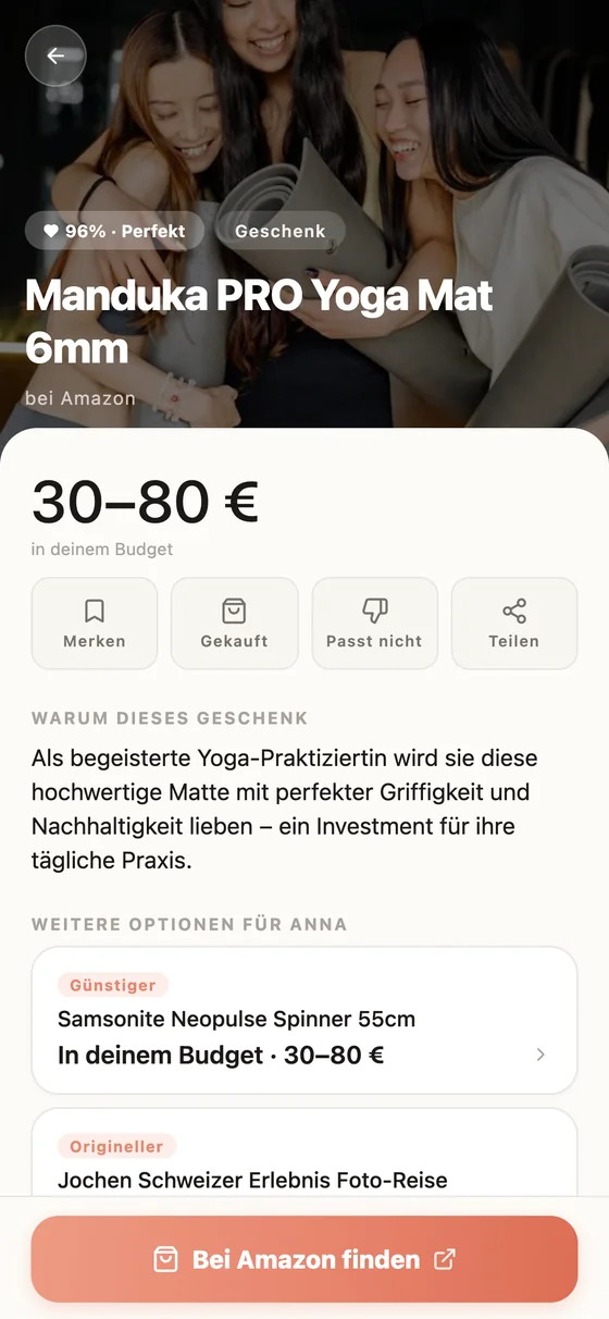 Geschenkdetail mit Begründung und Link zum Shop