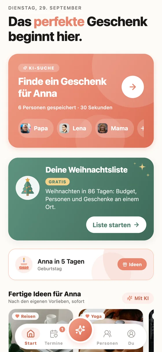 Startseite mit Weihnachtsliste und den nächsten Anlässen