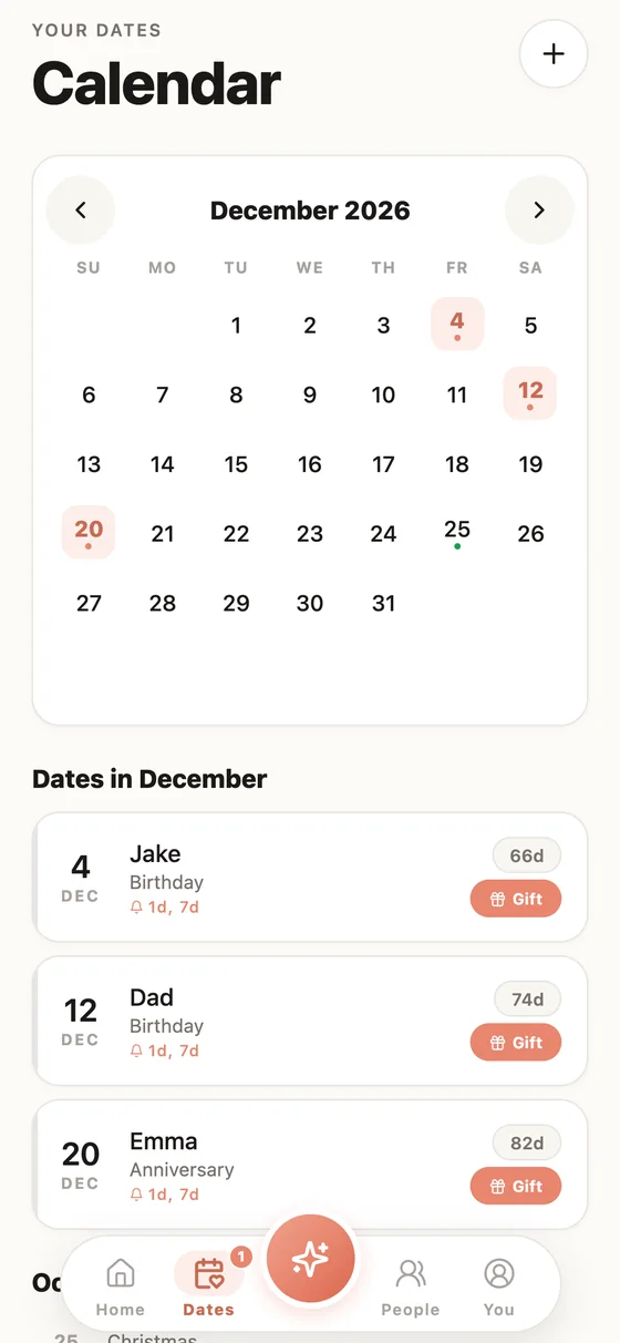 Calendar with birthdays, anniversaries and holidays