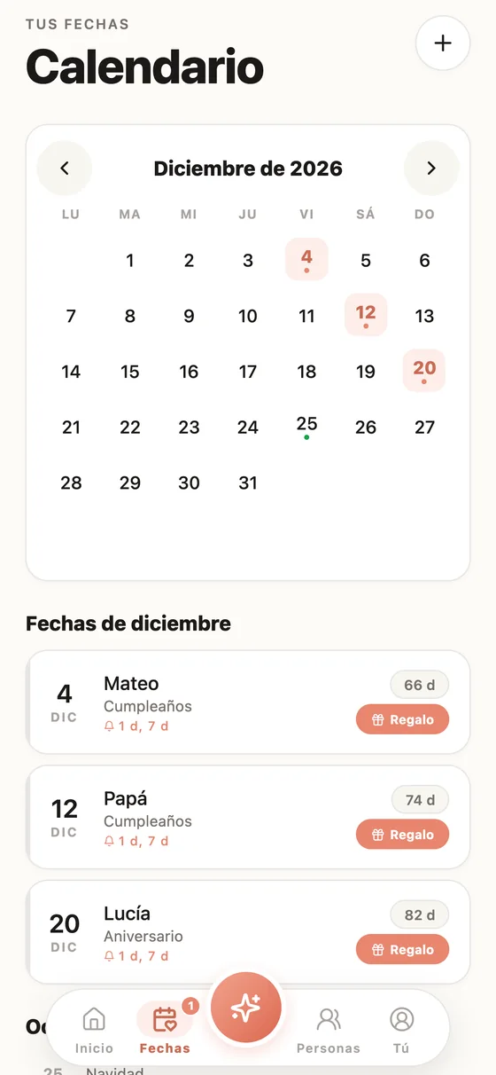 Calendario con cumpleaños, aniversarios y fiestas