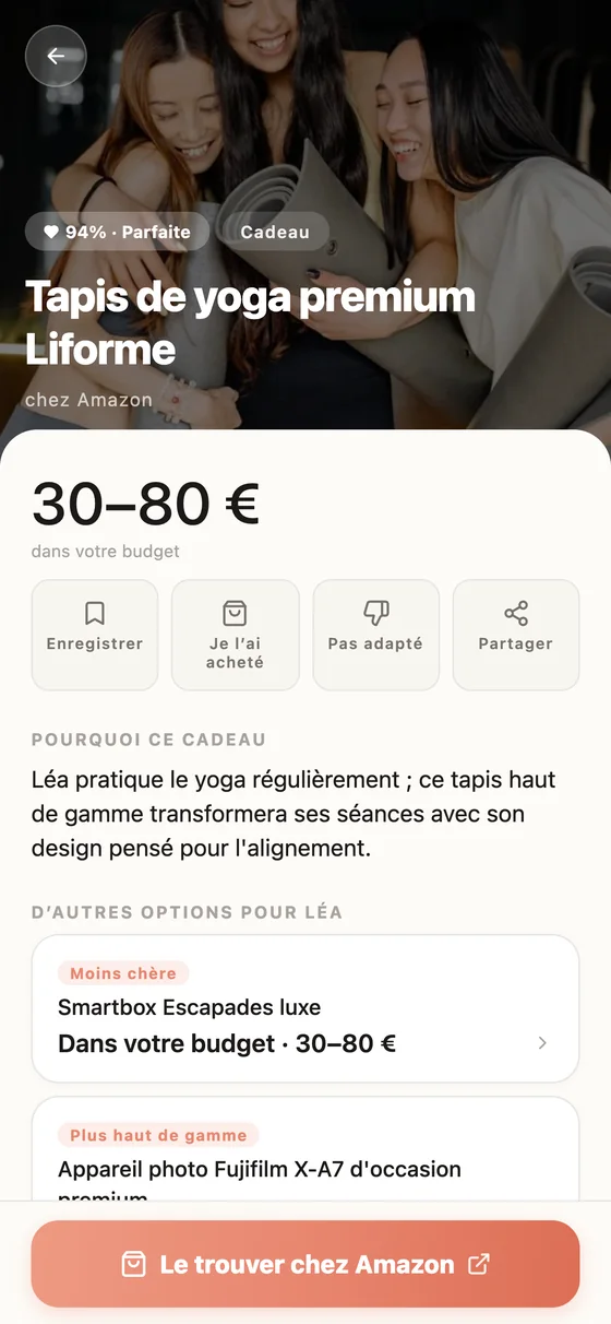 Le détail d’un cadeau, avec le pourquoi et le lien vers la boutique