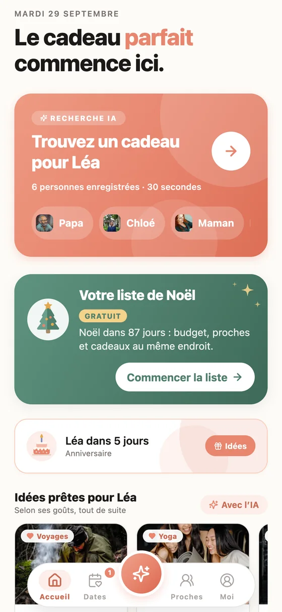 L’accueil avec la liste de Noël et les prochaines occasions