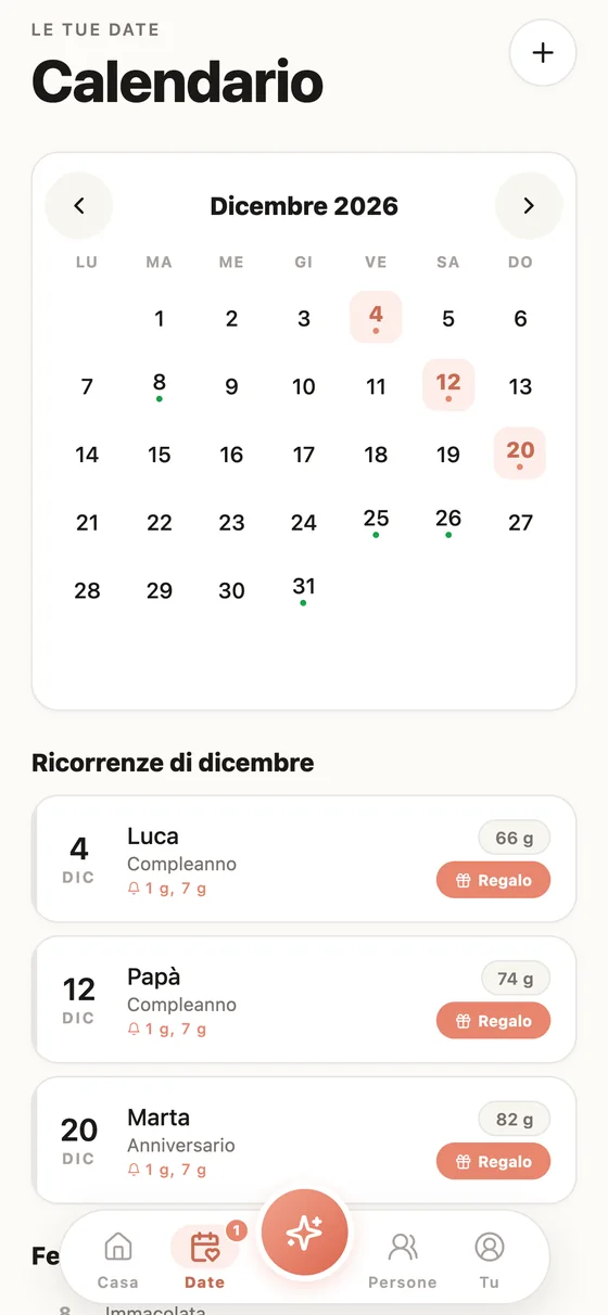 Calendario con compleanni, anniversari e feste